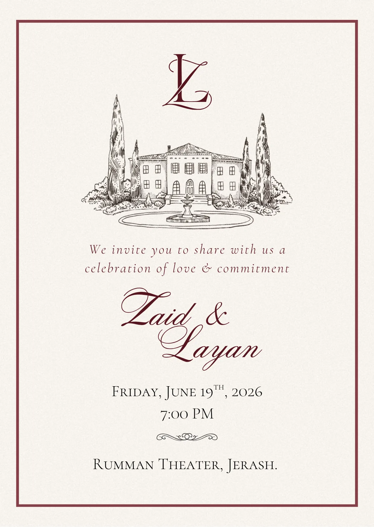 Zaid & Layan wedding invitation — Friday, June 19th, 2026, 7:00 PM, Rumman Theater, Jerash